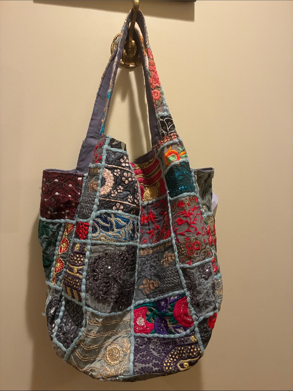 Embroidered Patchwork Tote Bag - Multicolor Fabric Shoulder Tote